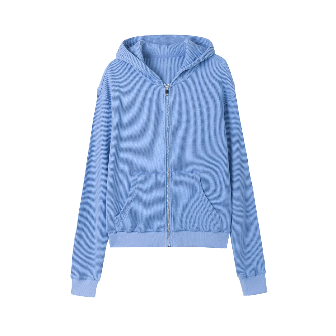 网红同款华夫格卫衣拉链开衫外套老钱风连帽衫男款运动华夫格外套