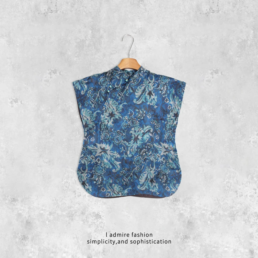 温温【苍蓝】真丝香云纱新中式短袖T恤女夏季女士衬衫上衣98376551