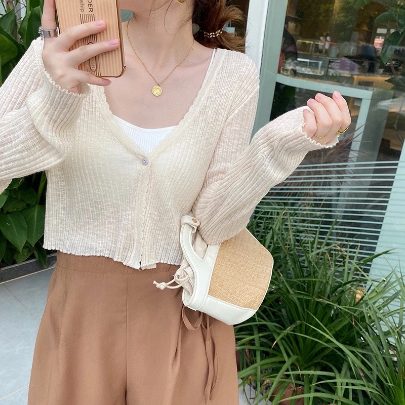 配吊带裙开衫女薄款2025新款夏短款上衣外套外搭V领针织衫空调衫