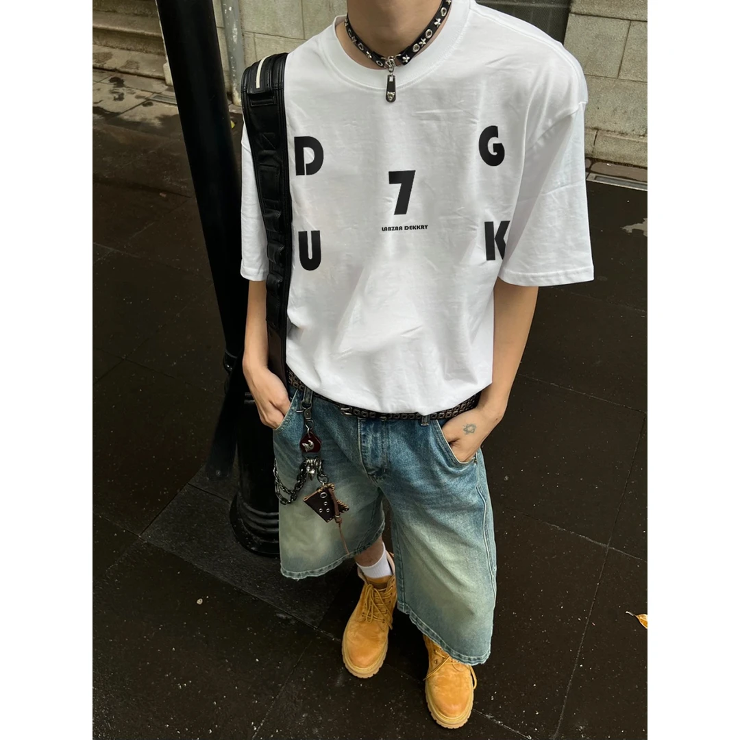 美式vibe创意字母印花T恤男春夏季简约休闲宽松短袖纯棉圆领上衣