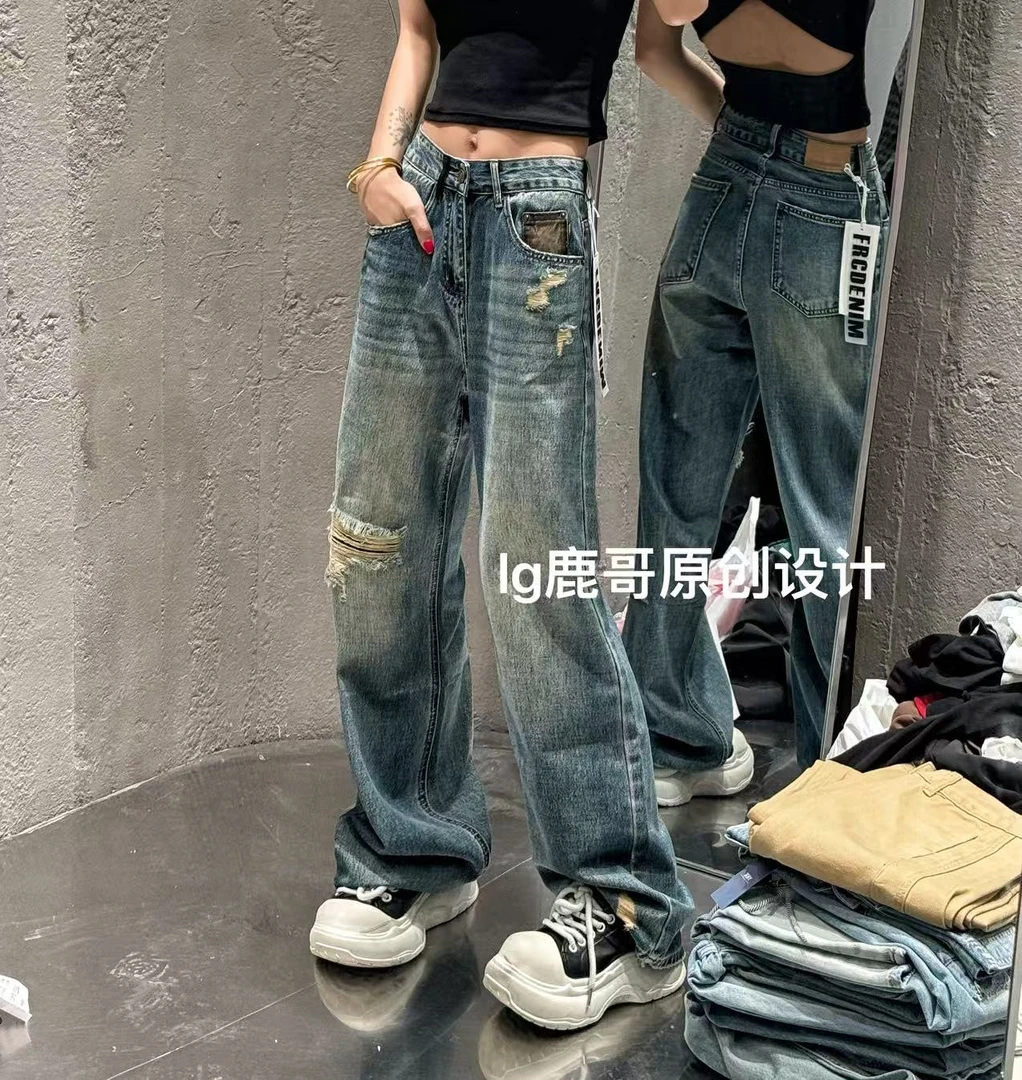 鹿哥【假破洞】复古早秋牛仔裤-B1020
