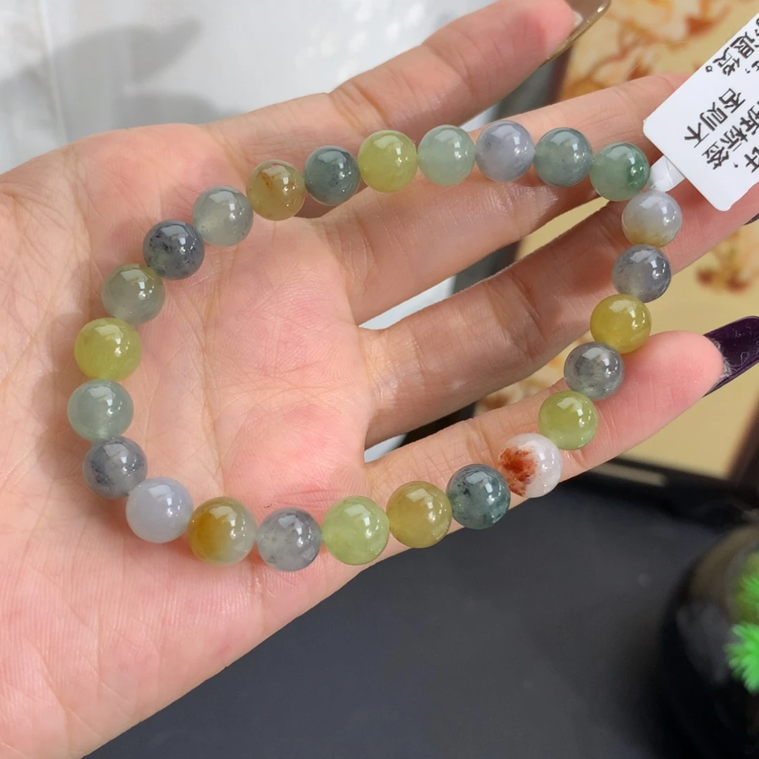翡翠未镶嵌手串卡7-7.6胶润多宝手串