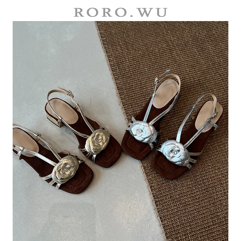 娆娆吴·羊皮气质减龄花朵扣带日常百搭露趾粗跟凉鞋T462