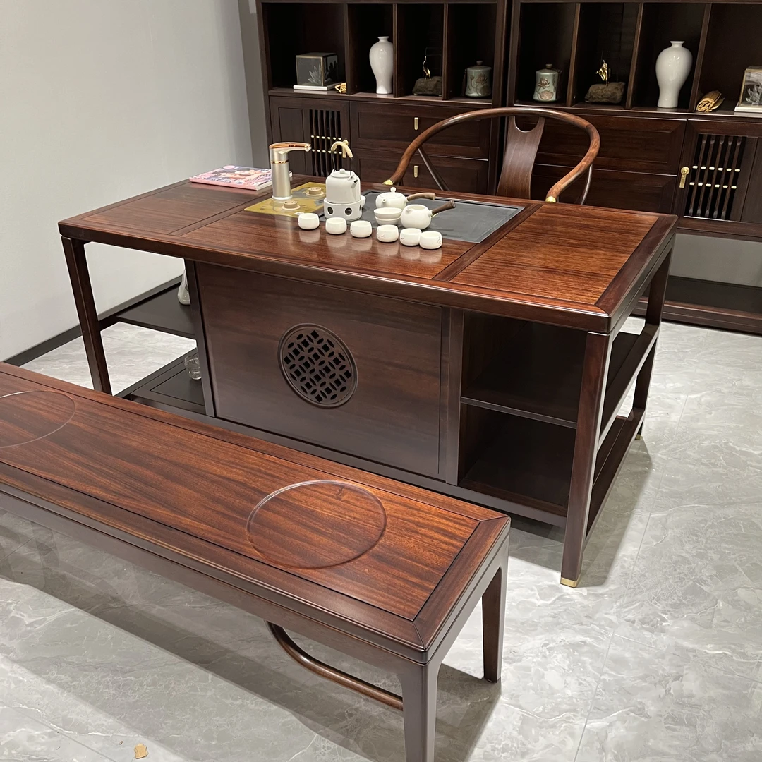 锦福轩 新中式茶桌禅意实木家用简约茶台水槽茶几办公室高端茶桌