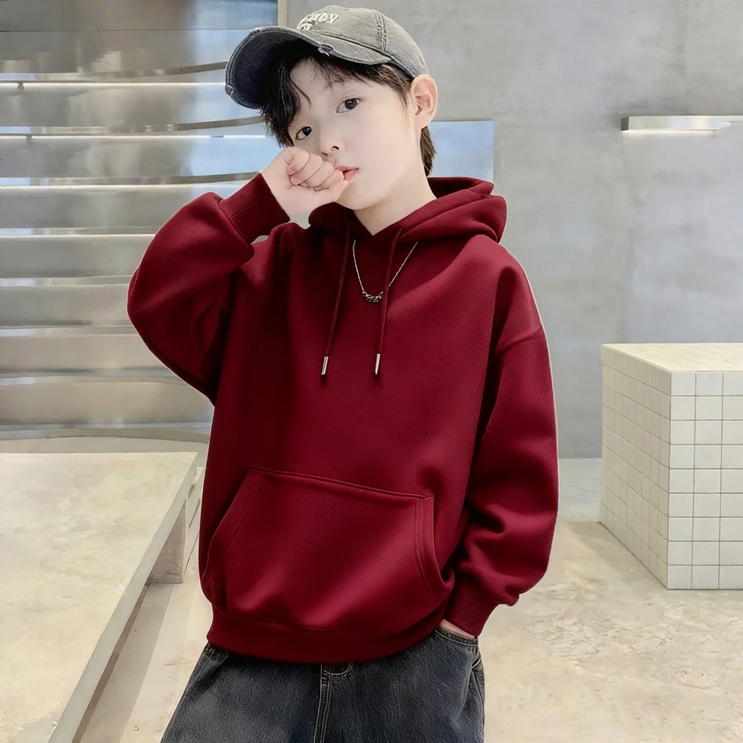 酒红色加绒连帽长袖卫衣2025秋冬新款中大童男童加绒套头外套上衣