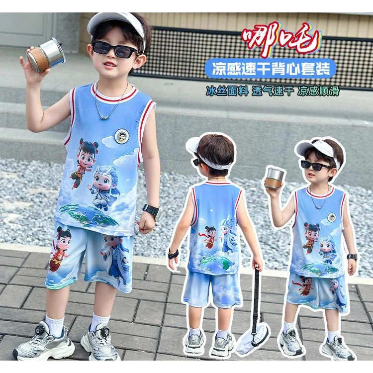 2025新款夏季儿童无袖背心男女童卡通印花透气凉爽运动两件套