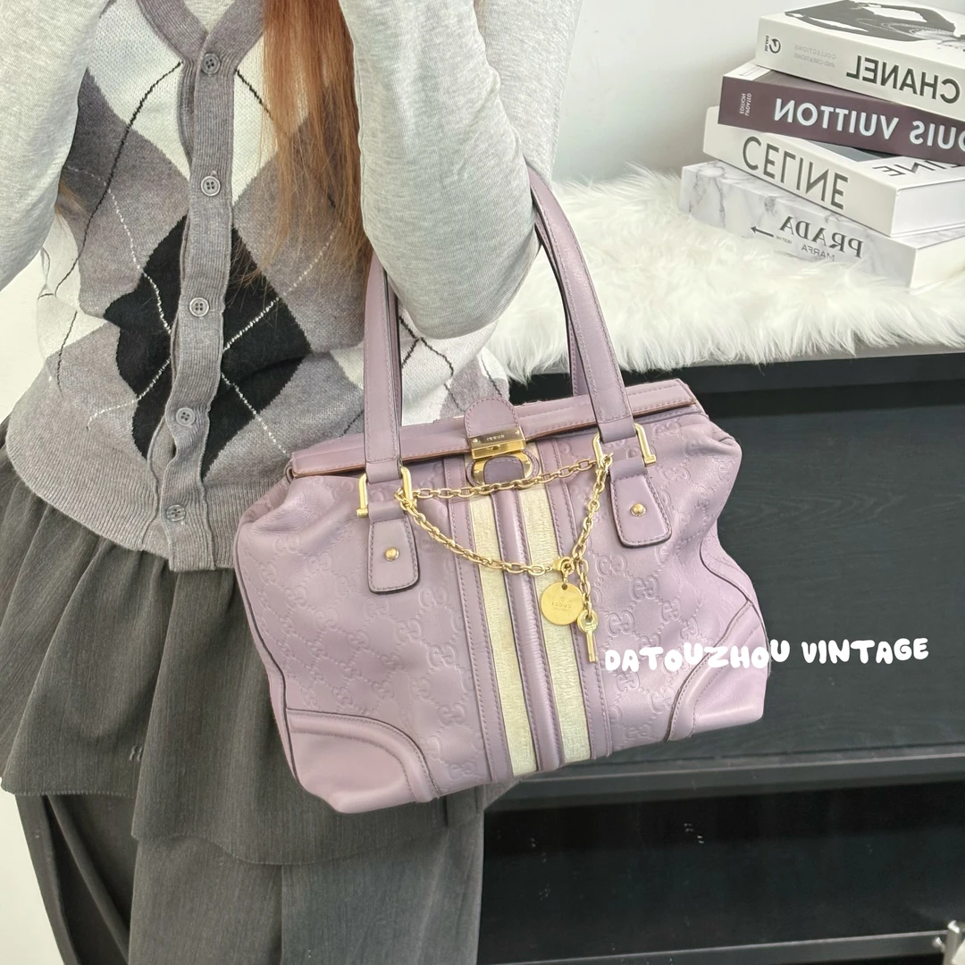 95新 GUCCI/古驰 鸢尾紫压纹锁扣手提小方包cy
