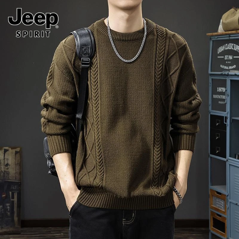 JEEP吉普美式复古麻花毛衣男夏季宽松圆领针织套头休闲男士打底衫