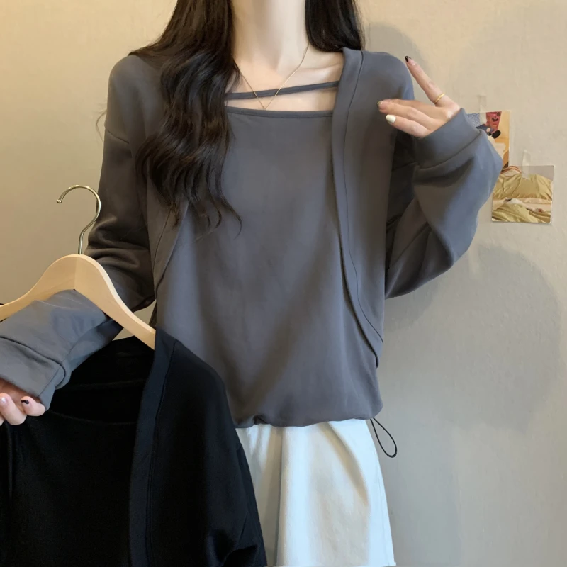 4127大码女装胖妹妹春秋韩版小众百搭宽松设计感长袖上衣2826