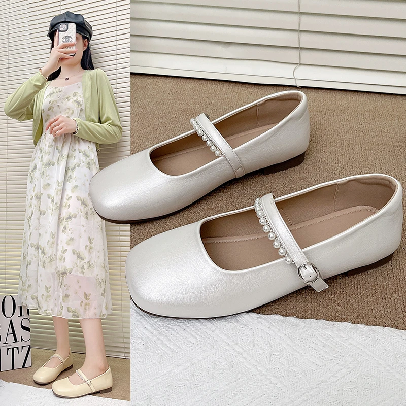 【XINYI】软底方头浅口单鞋珍珠一字带玛丽珍平跟瓢鞋女百搭舒适