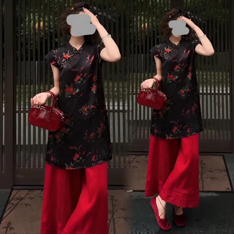 国风新中式旗袍上衣休闲长裤两件套女2025新款复古国风穿搭套装潮