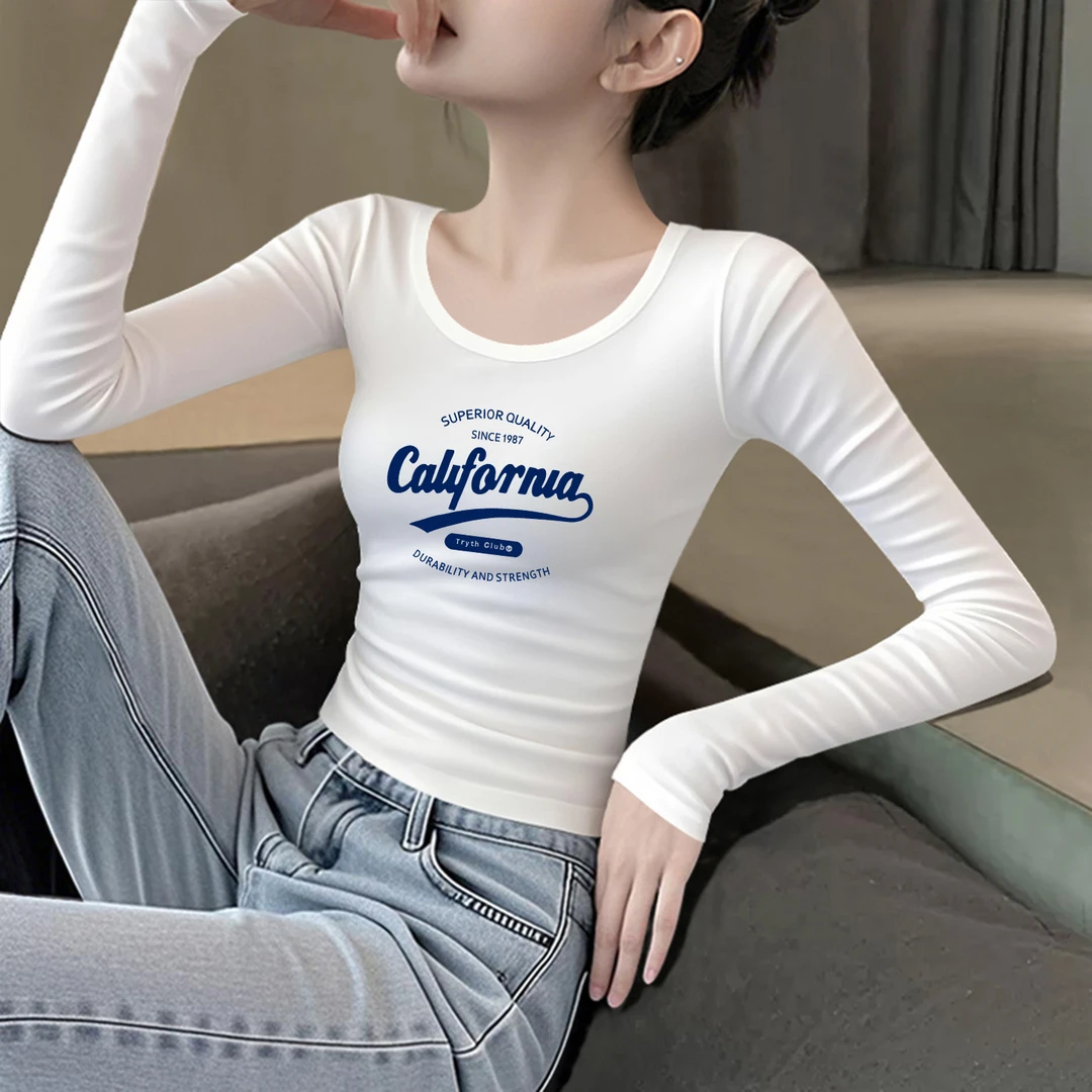 白色印花圆领长袖打底衫女内搭2025秋冬设计感小众95棉t恤上衣ins