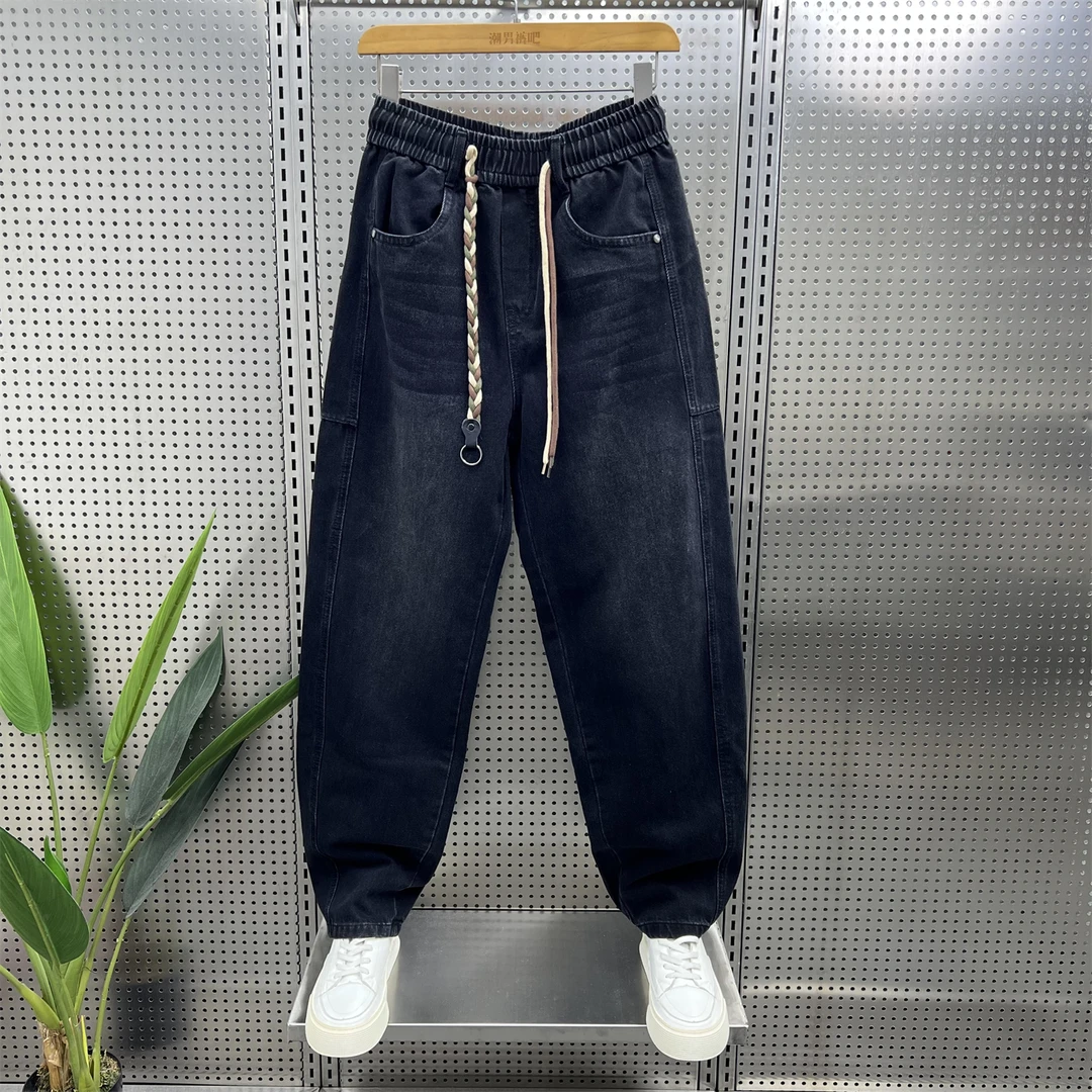 美式复古水洗牛仔裤男2025秋季潮流宽松阔腿裤男款抽绳松紧直筒裤
