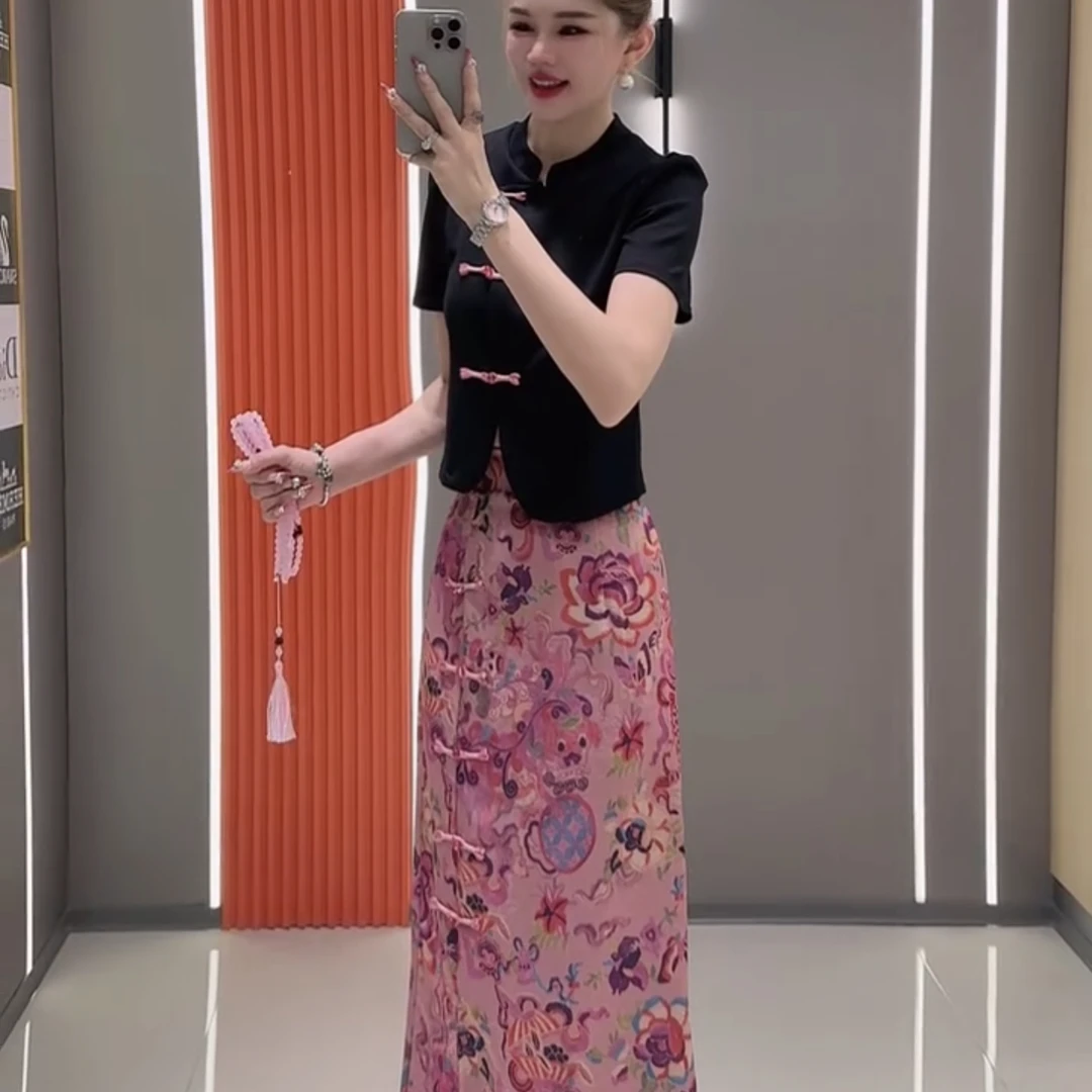 休闲风中国风时尚套装气质休闲女装印花碎花洋气百搭减龄裙子