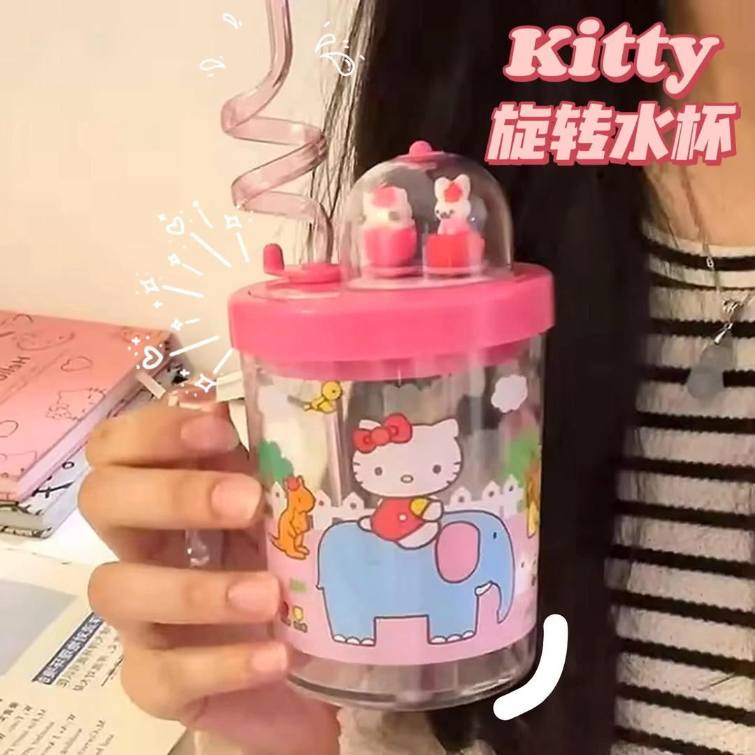 hellokitty旋转水杯三丽鸥家用透明杯子便携旅行女生高颜值吸管杯