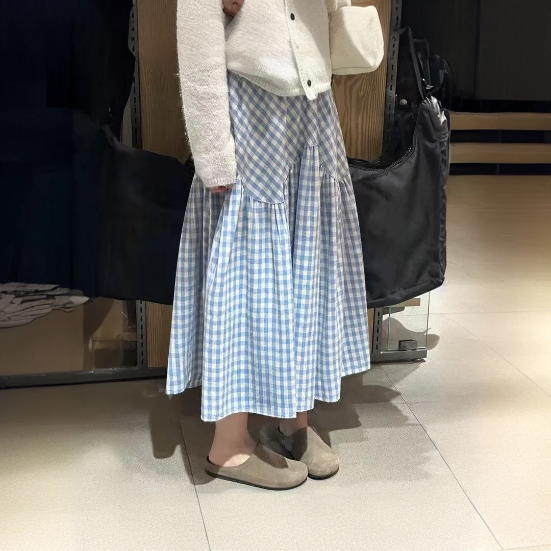 日系蓝色格子半身裙女夏季2025小个子中长款百褶裙高腰显瘦大摆裙