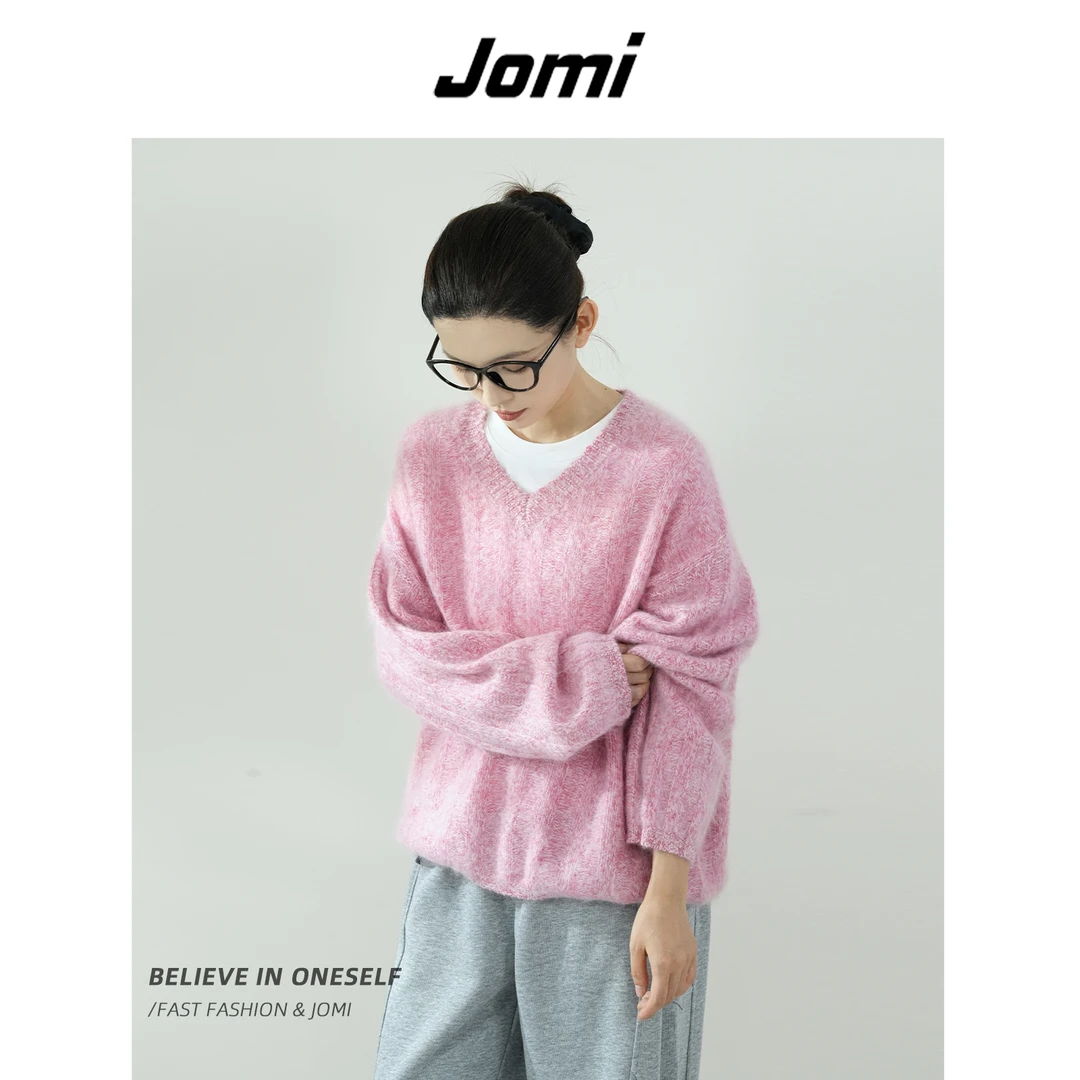 JOMI秋季绵羊毛V领宽松拉绒毛衣女温柔风显瘦长袖上衣