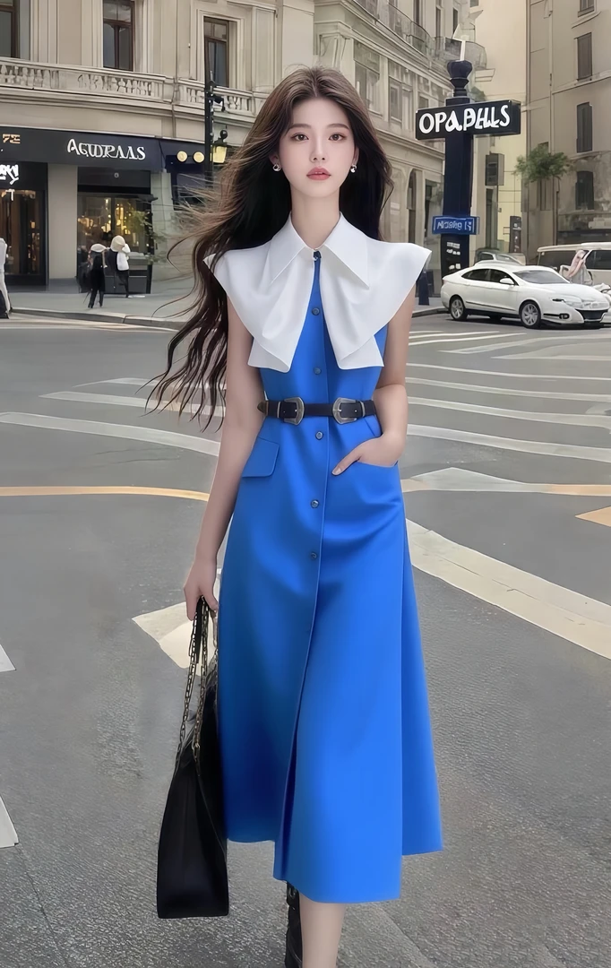 夏季新款时尚性感纯欲风蓝色翻领修身收腰系带连衣裙女氛围感长裙