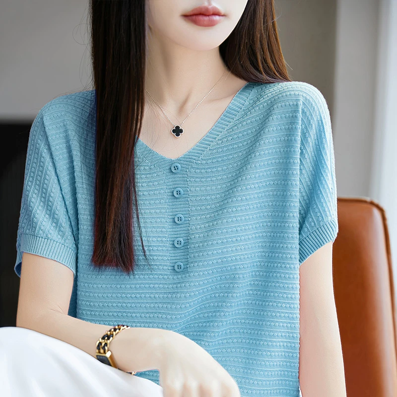 哥弟阿玛施正品夏季新款独特漂亮夏装冰丝短袖女款针织衫减龄T恤