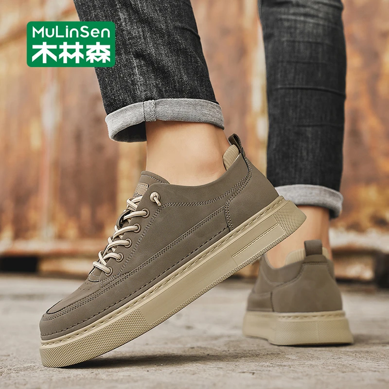 木林森男鞋2025新款秋季透气皮面板鞋男士休闲鞋厚底百搭运动潮鞋