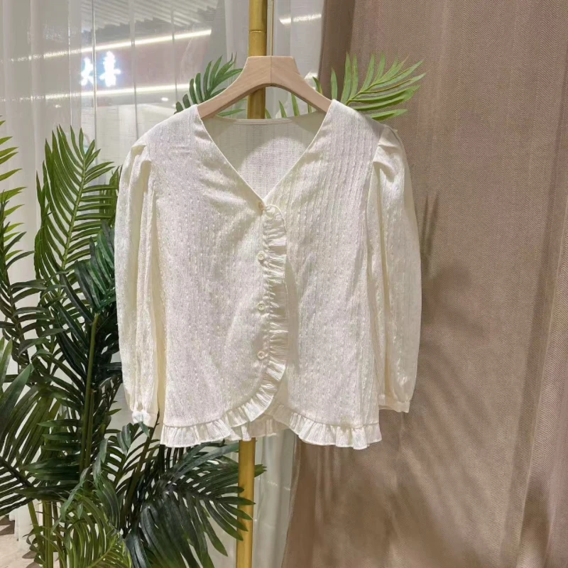 新品木耳边褶皱小衫7322