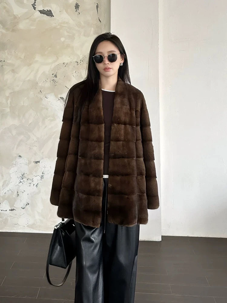 S/75V领横排 水貂女款冬季长款中长款皮毛一体女士大衣百搭貂皮