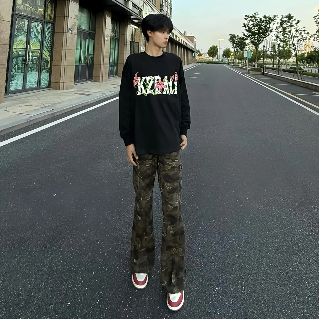 美式高街迷彩牛仔裤男夏薄款cleanfit微喇工装裤子修身显高直筒裤