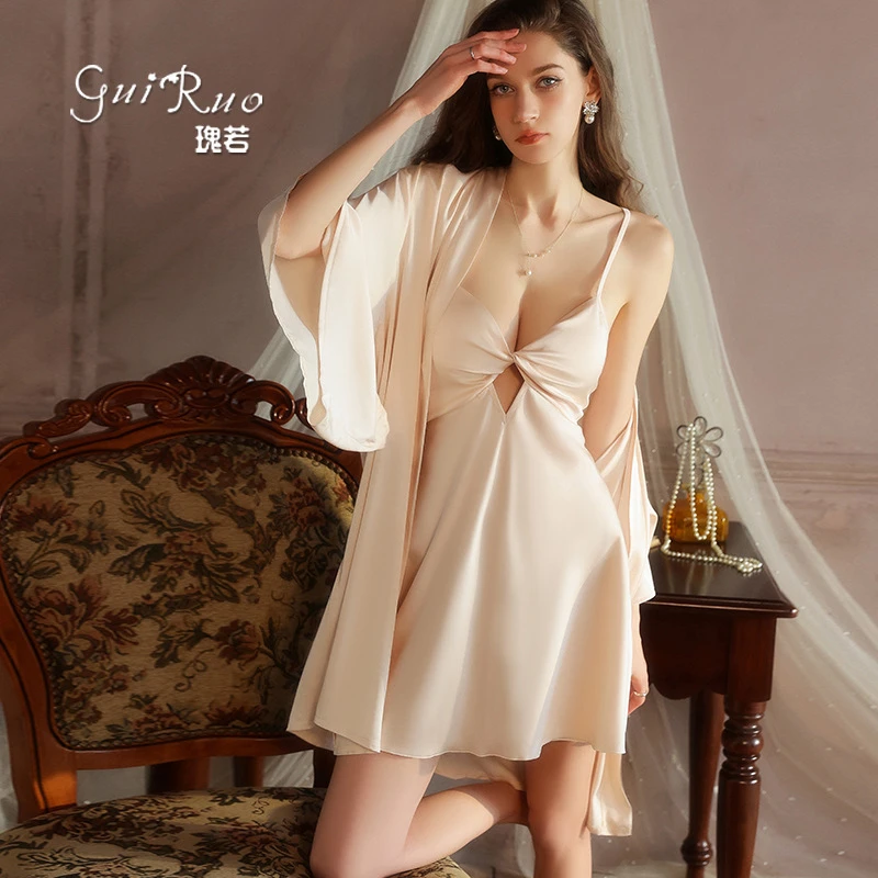 瑰若深V聚拢加胸垫内衣纯欲丝滑缎面睡裙外袍大码套装5591