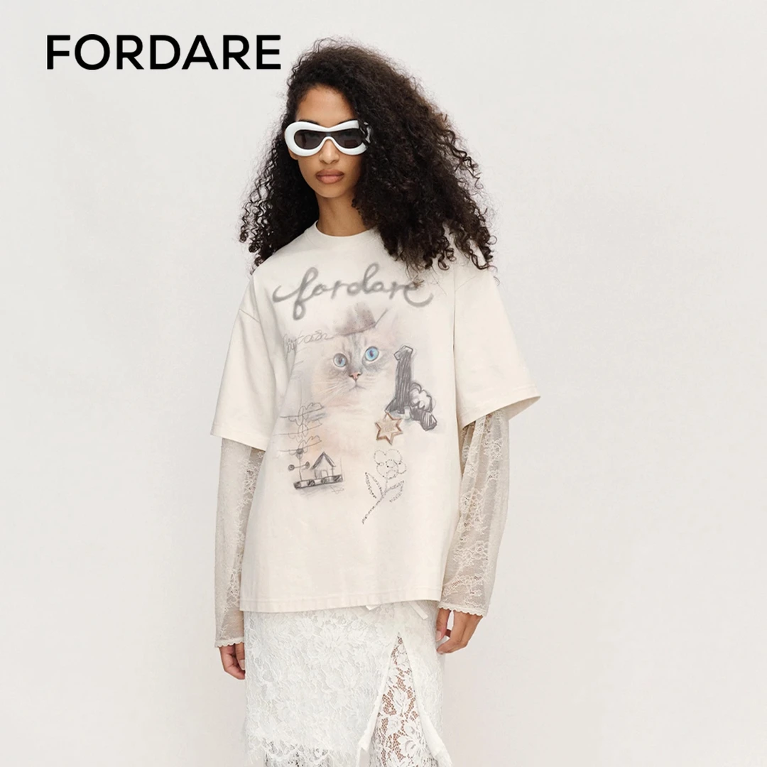 FORDARE猫猫警长涂鸦假两件长袖T