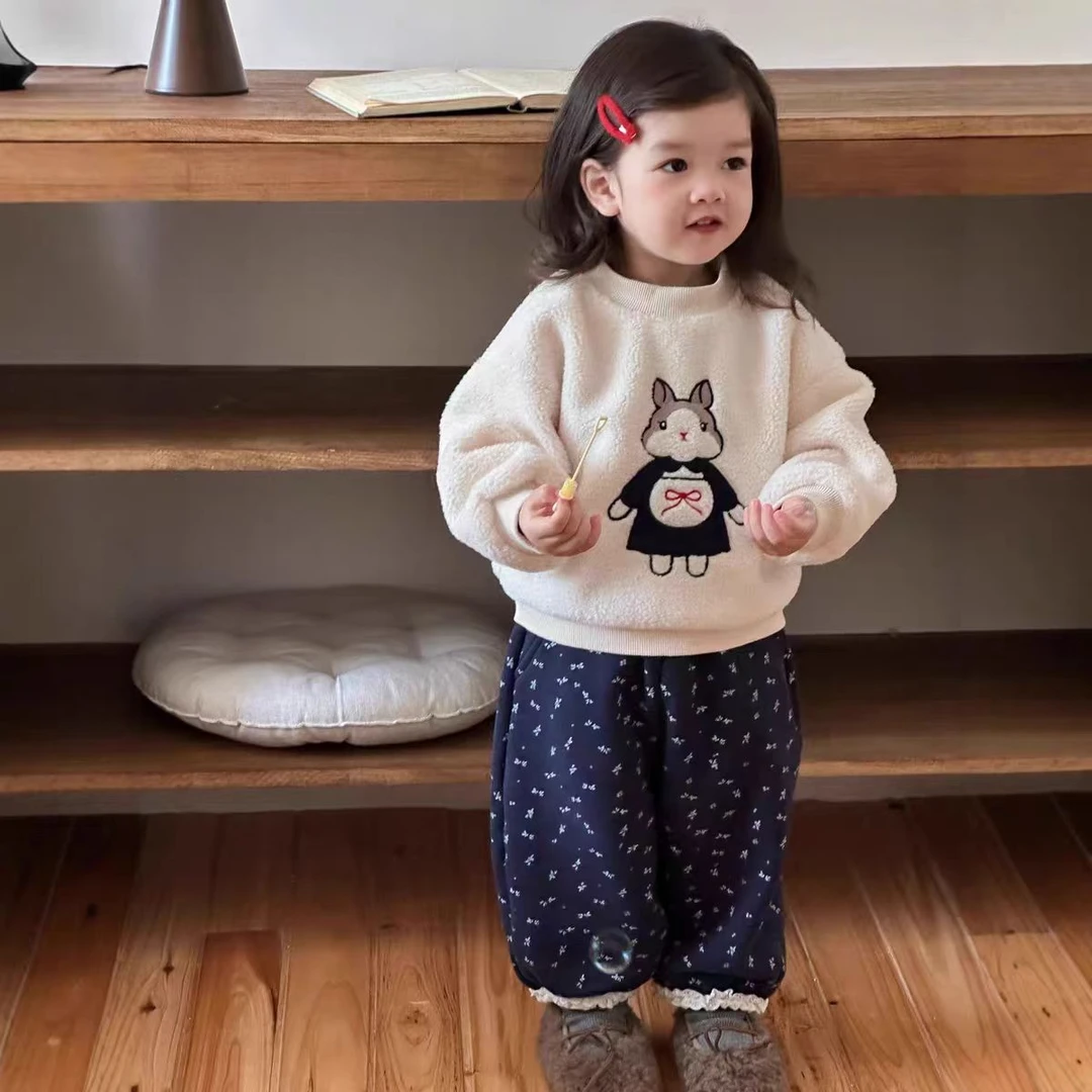 女童秋冬新款加绒卫衣套装宝宝洋气加厚保暖上衣儿童甜美可爱卫裤
