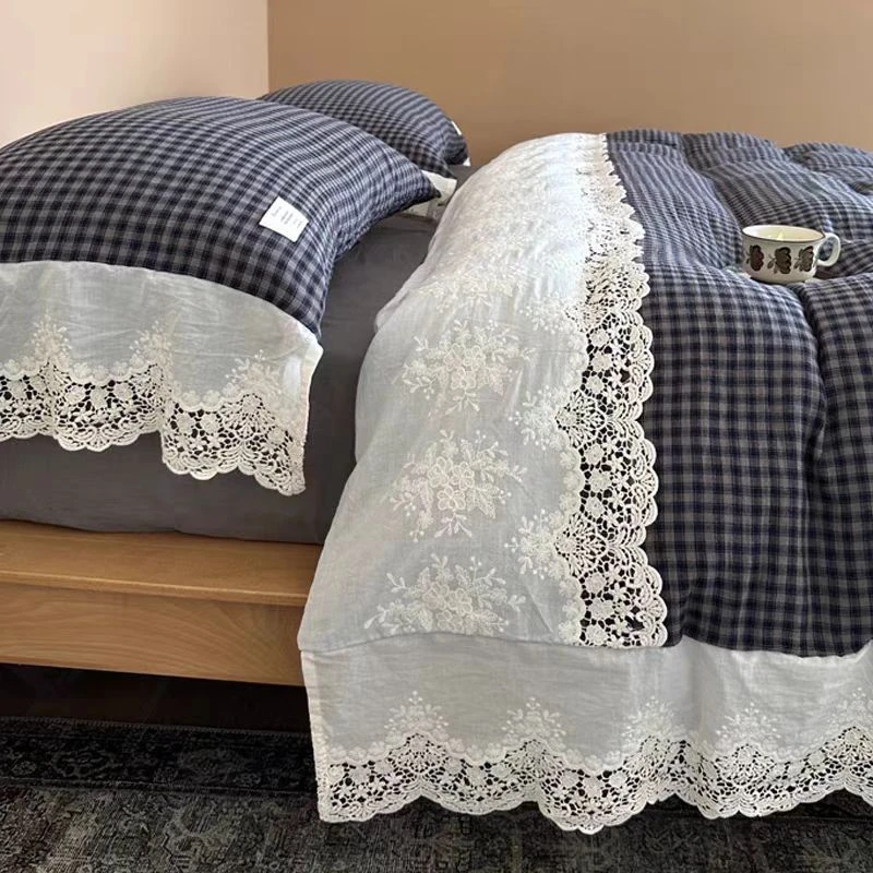 【木白】韩国纯棉双层纱格子四件套被套床单蕾丝花边公主风床上用品