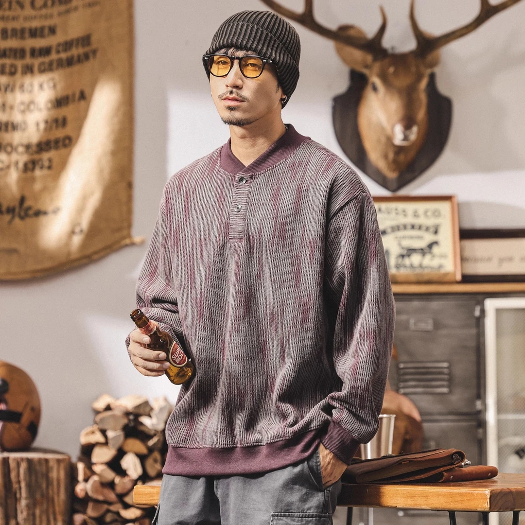 美式复古亨利领重磅卫衣男秋冬新款潮牌宽松大码潮流紫色男士上衣