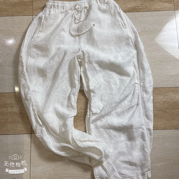 不透光 松紧腰抽绳苎麻痞帅弯刀裤 裤长100