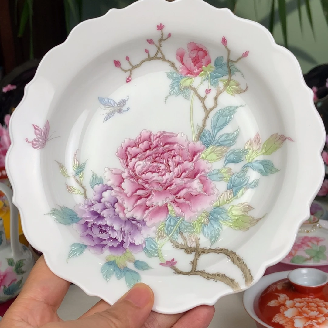 景德镇陶瓷花口牡丹全珐琅彩壶承