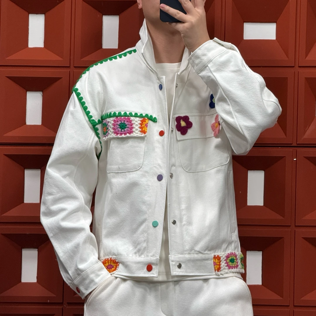 HK&NB x 艺术家系列 春秋经典情侣手工钩针七彩花卉刺绣牛仔夹克