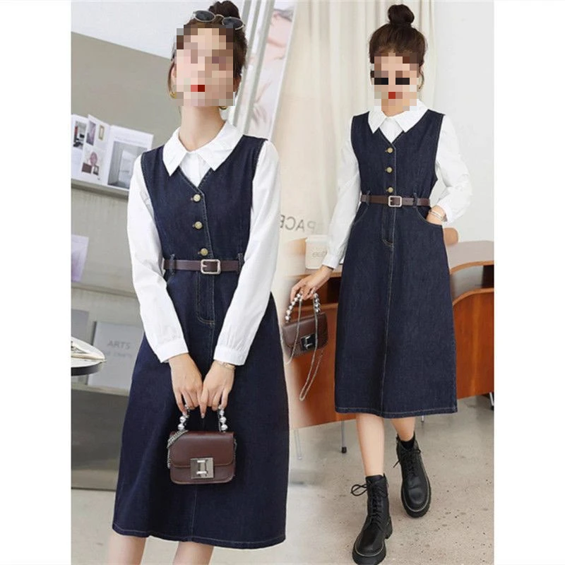 跨境送腰带连衣裙春秋女2024年新款白色衬衫牛仔背心裙时尚两件套