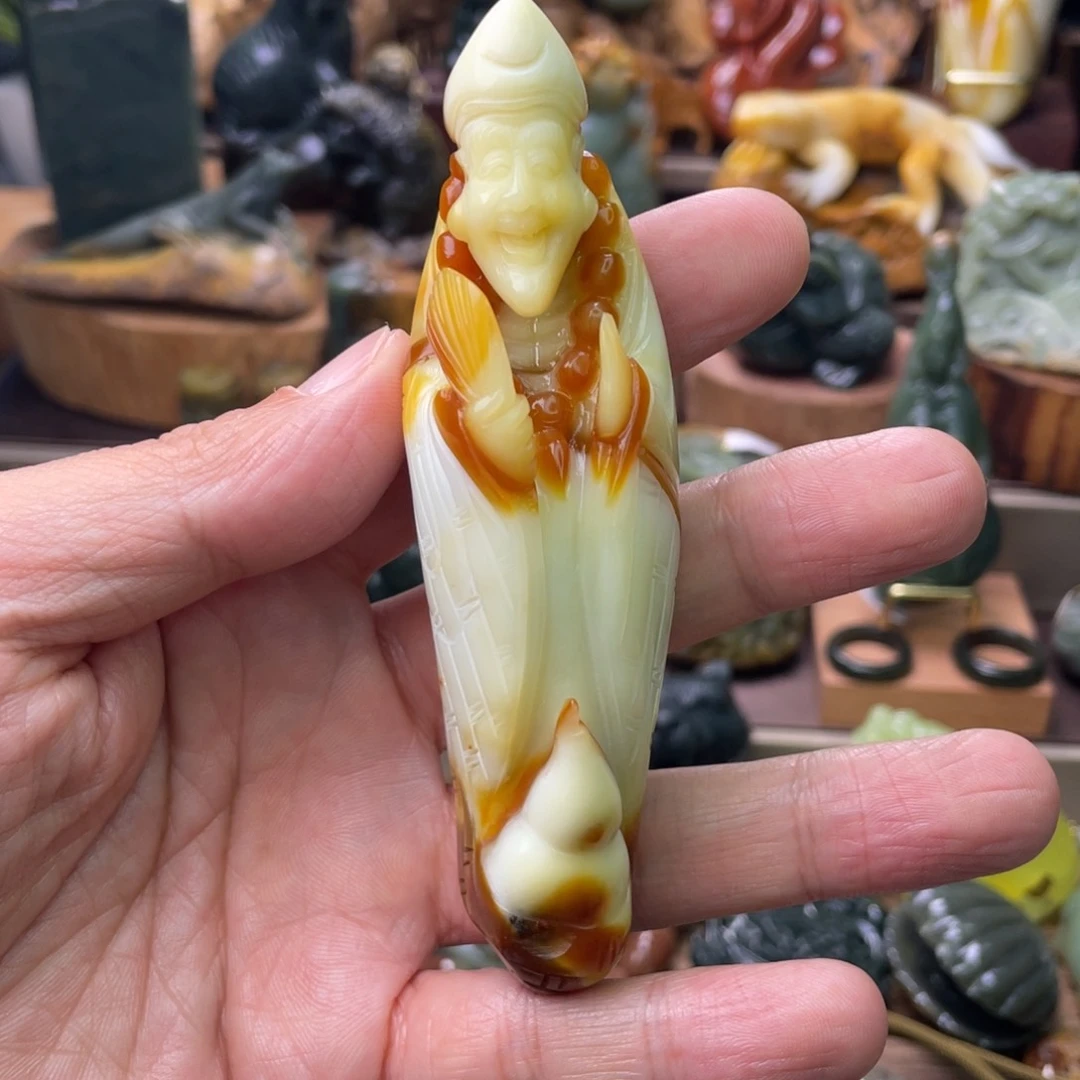 黑***朵蛇纹石玉未镶嵌手把件花玉济公