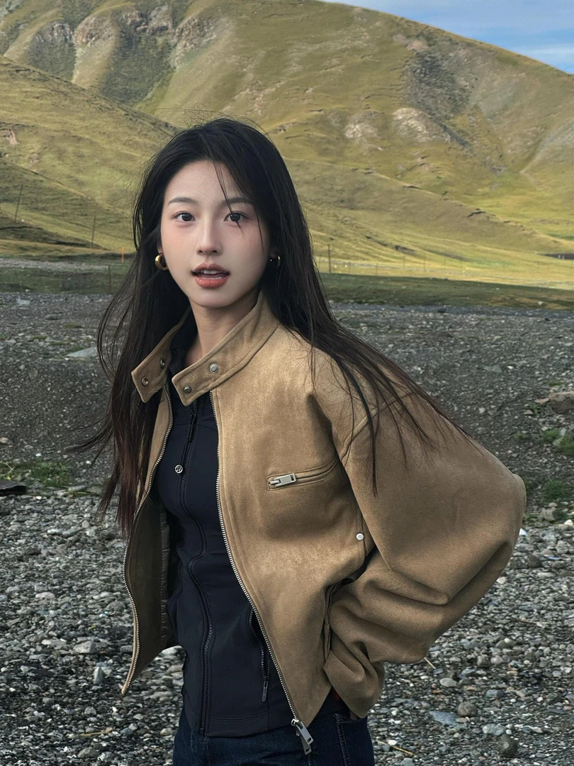 美式复古立领绒机车服短款外套女秋季新款小个子百搭宽松夹克上衣