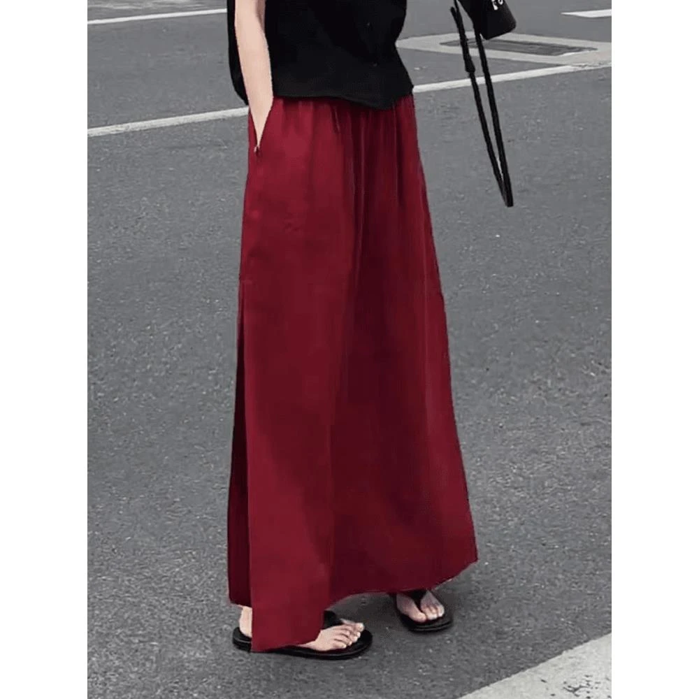 春季新款法式气质红色直筒半身裙大码胖妹妹高腰显瘦侧开叉A字裙