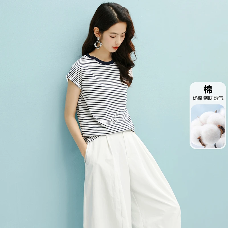晚白【新品】2025夏上衣棉质条纹短袖女25031902