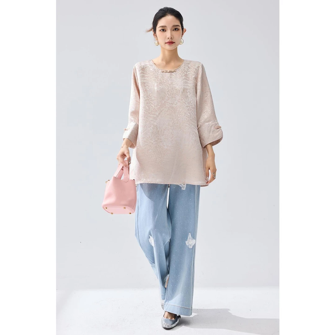 DUCURNO新中式提花五分袖衬衫女2025年夏季新款复古中袖打底衬衣