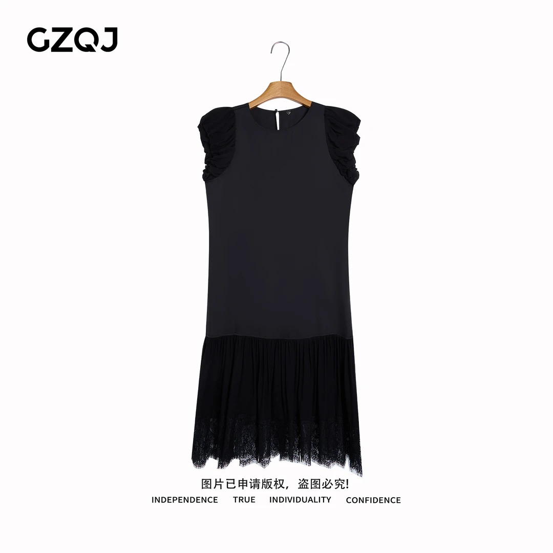 老琴私服【简雅黑羽】 欧若风设计感气质显瘦拼接短袖连衣裙夏02550
