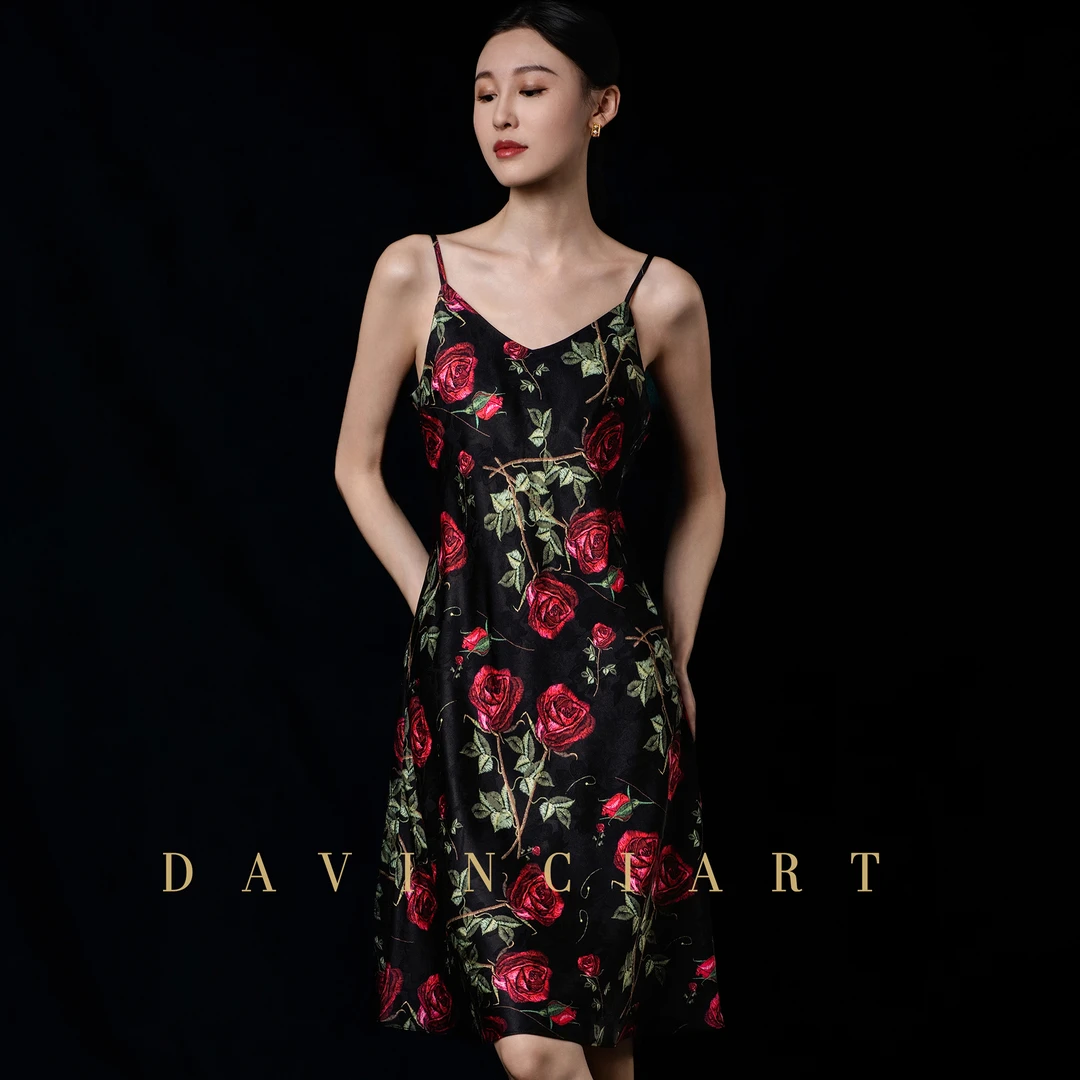 达芬奇密码2025新款春夏油画吊带睡裙宽松家居服礼盒套装黑金玫瑰