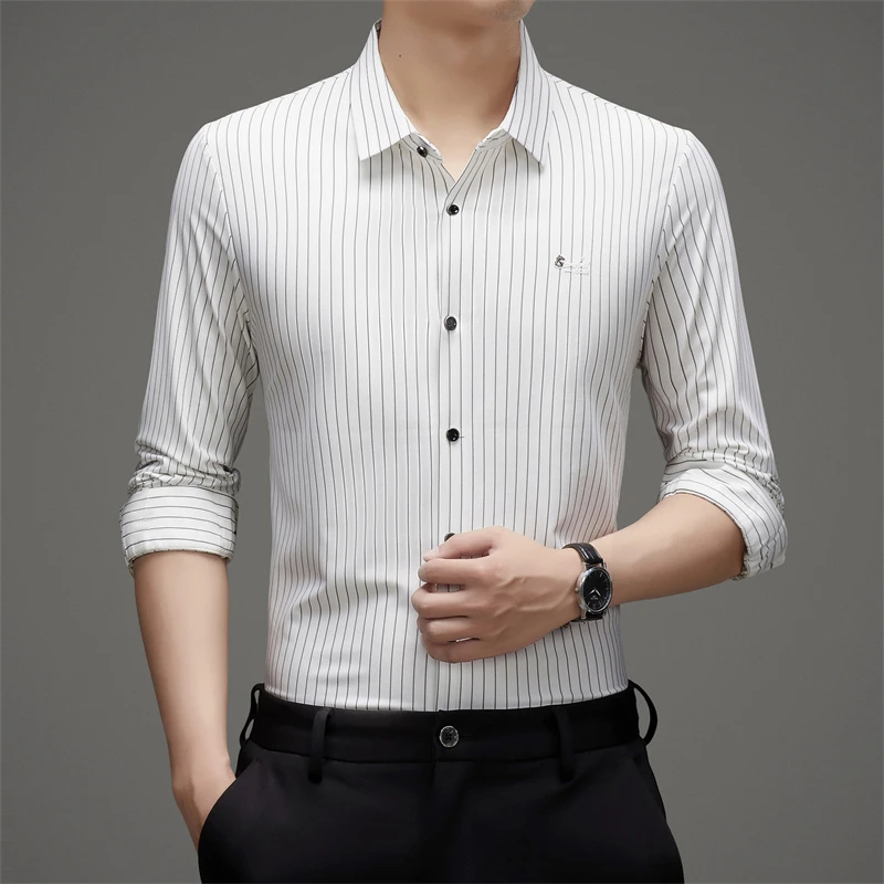 罗蒙男装春款男士长袖衬衫商务休闲时尚潮流修身条纹轻奢男衬衣