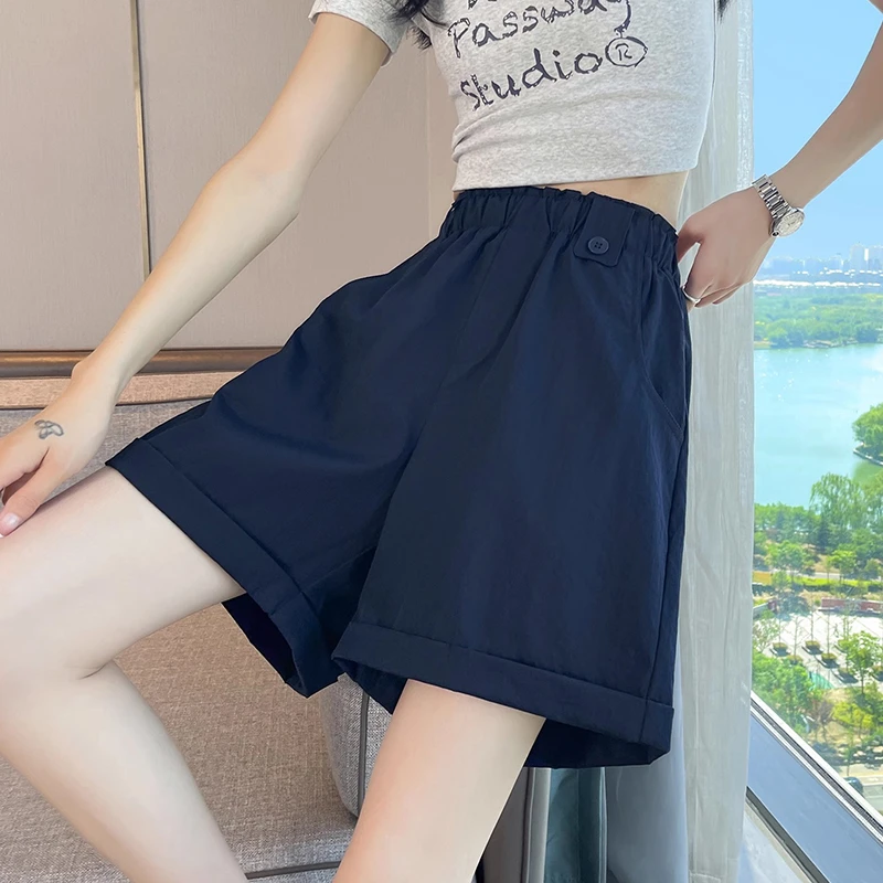 藏蓝色冰丝短裤女夏季薄款2025新款高腰显瘦宽松a字阔腿休闲热裤