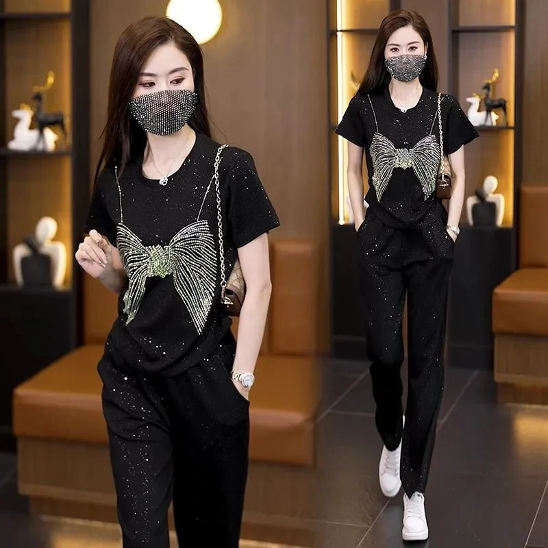 重工烫钻细闪蝴蝶结拼接外穿套装小个子时髦洋气上衣长裤两件套女