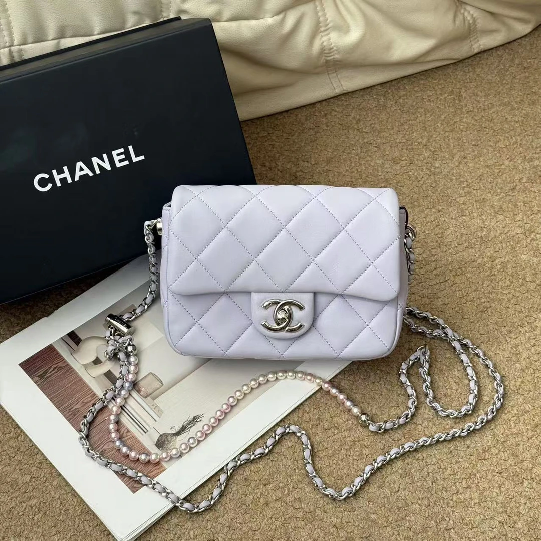 95新 Chanel/香奈儿 紫色 羊皮 珍珠链条大方胖单肩包/633449244