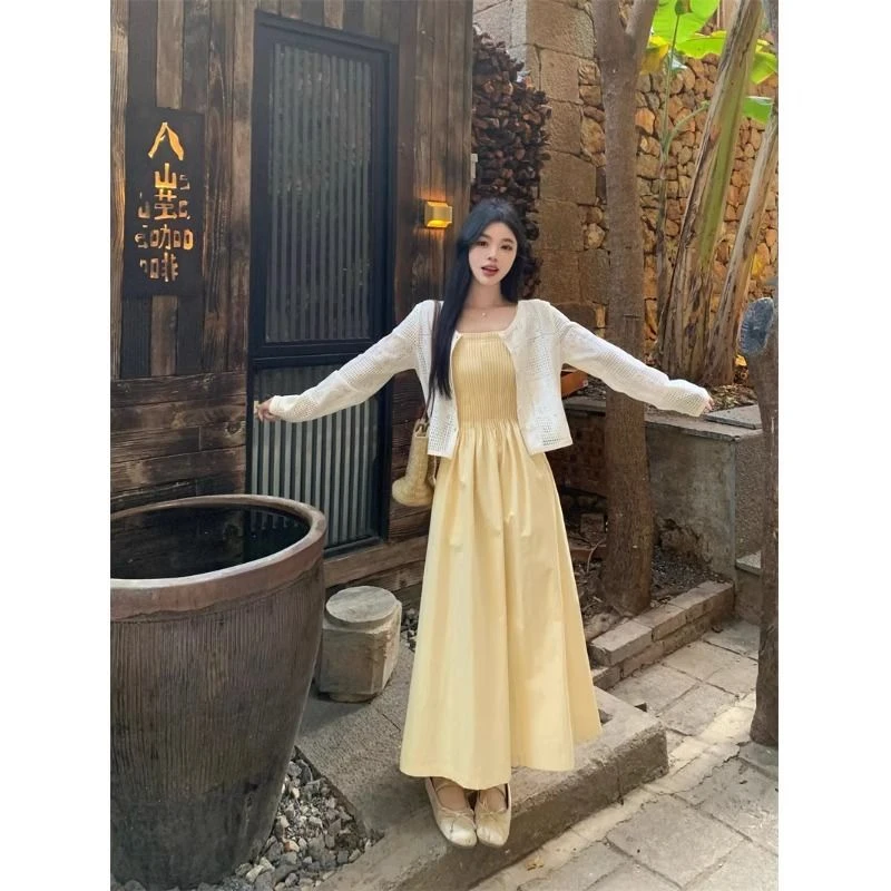 优质质量！法式温柔高腰吊带连衣裙女夏百搭修身显瘦A字裙长裙子