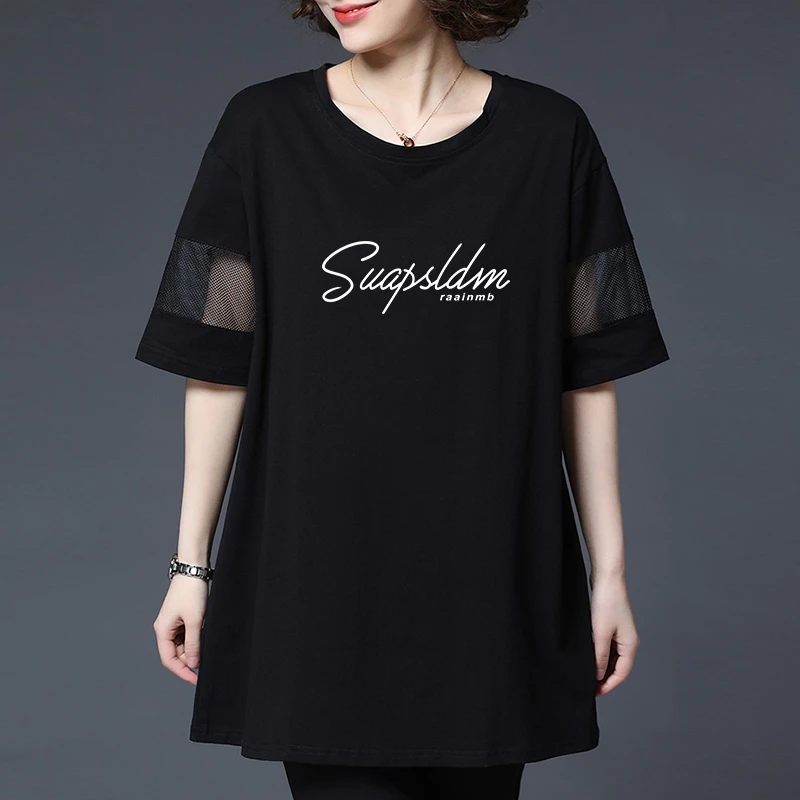 宽松显瘦中长款网纱拼接短袖t恤女夏季新款遮肚大码中年妈妈上衣