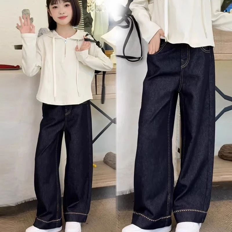 女童直筒牛仔裤2025春秋连帽卫衣套装洋气丹宁阔腿裤中大童两件套